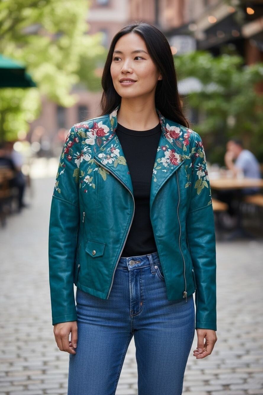 Colleen Lopez Women's Teal Faux Embroidered Leather Jacket 1X - Picture 1 of 4